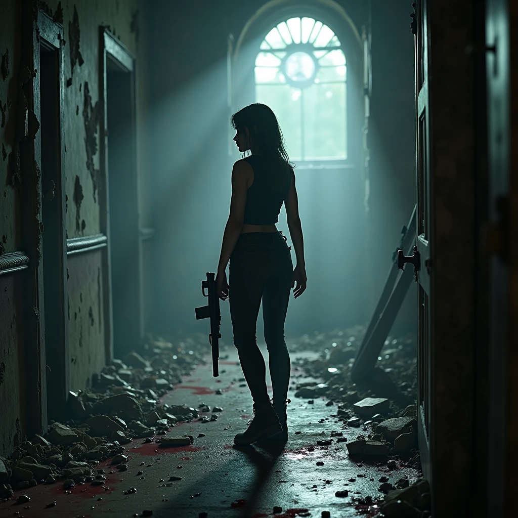 The team breaches the entrance of an abandoned skyscraper, the doors yielding with a muted creak. Inside, the building is a labyrinth of decayed grandeur; broken glass crunches underfoot, and vines snake through the cracks in marble walls. They advance methodically, flashlights slicing through the thick darkness, revealing faded murals and ornate, dusty chandeliers. The tension is palpable, each step deliberate and soundless. Suddenly, movement flickers in the shadows—enemy operatives. A silent firefight ensues, muzzle flashes momentarily illuminating the grim determination on their faces. The air is thick with the smell of gunpowder and the echo of suppressed gunfire. Hyperrealism, cinematic lighting, textured skin, super detail, high quality, award-winning, best quality, high resolution, 8K.