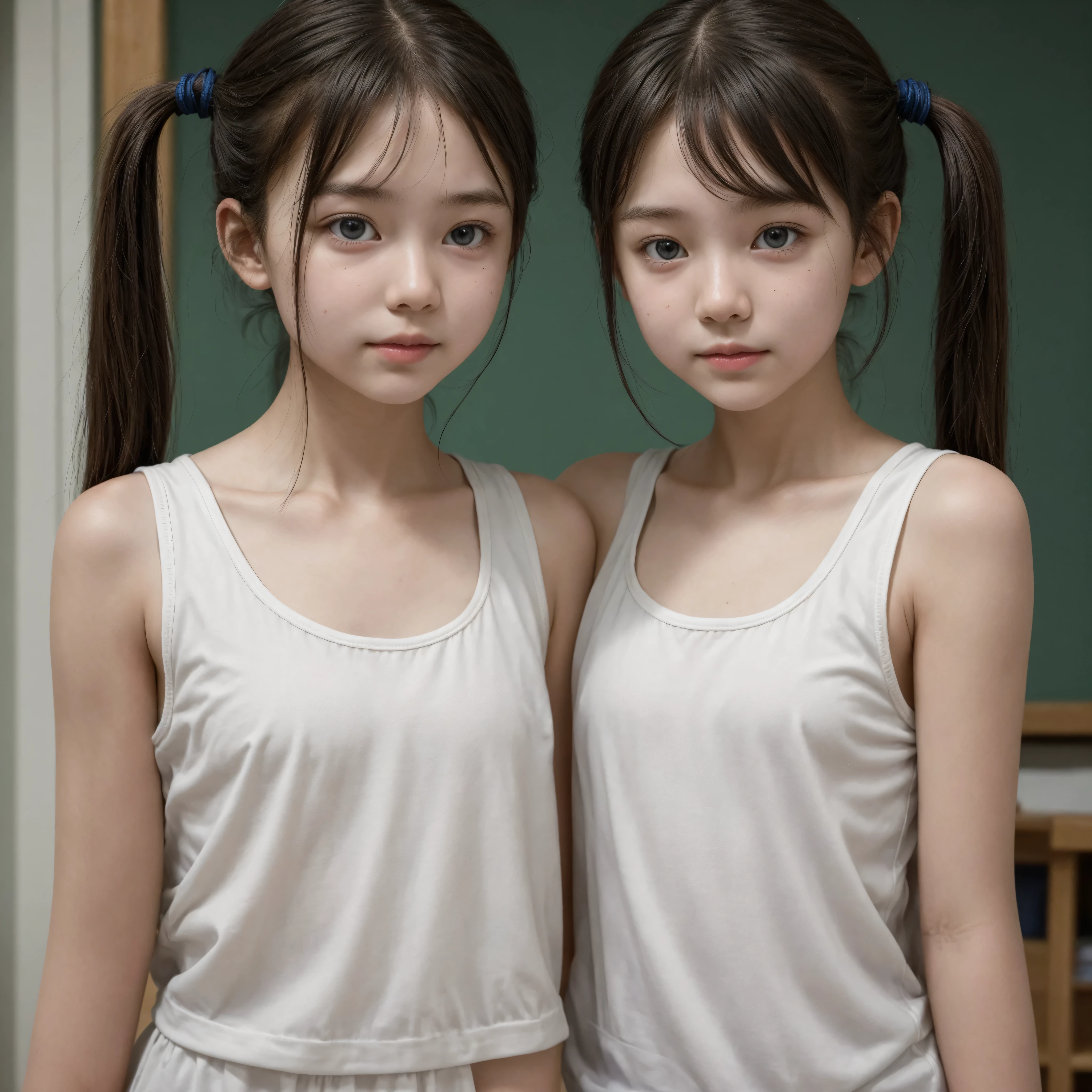 Two girls standing at ear window in school classroom,White dress,break,bangs,smile,Short hair with low pigtails,from before,Front light,((12 year old 、slender、delicate、Sexy clavicle and flat chest、Very small breasts))、My whole body is soaked、White dressが濡れてている、Her white  are visible from under her skirt