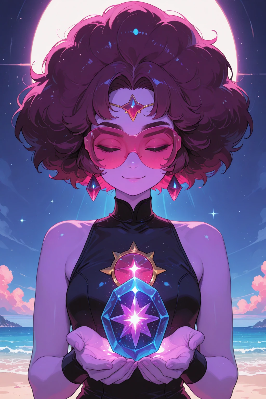 In a kaleidoscopic realm of swirling iridescent stardust and blazing neon nebulae, the celestial enchantress Grace holds rapturous dominion. Her incandescent form outshines the brilliance of quasars.
Grace's divine visage is haloed by ethereal obsidian tresses cascading down her curvaceous silhouette. Her smoldering indigo eyes penetrate any who behold their kaleidoscopic depths.
The enchantress's prismatic garments radiate the full spectrum across her sensuous curves. Diaphanous crimson, ultraviolet, and violet robes spiral in a chromatic vortex. Stardust swirls crown her as the  of beguiling chromatic allure.
Her chromatic domain births new realms of dazzling color - fuchsia nebulae amid emerald stellar nurseries shower azure stars. Colliding amber and turquoise galaxies birth ultraviolet and indigo splendor.
Though her chromatic temptation could overwhelm mortals, Grace's power lies in nurturing radiance. Weaving prismatic strands, she infuses newborn celestial bodies with infinite potential. Obsidian lips seem to breathe the secrets of rainbows.
In this blinding, coruscating realm, the smoldering yet fully-clothed celestial enchantress Grace reigns supreme. Her irresistible kaleidoscopic allure fuels perpetual dazzling creation and rebirth throughout the cosmos.