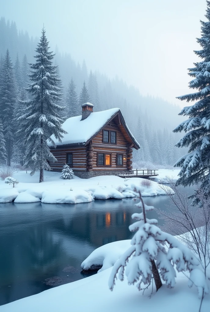 Scenery；Snowy Log Cabin；Frozen lake；Early Morning Blues；wide wide shot；4k；High quality