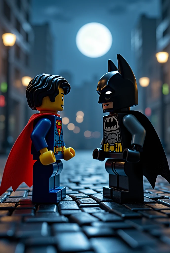 Lego art version of Superman and Batman，Night scene
