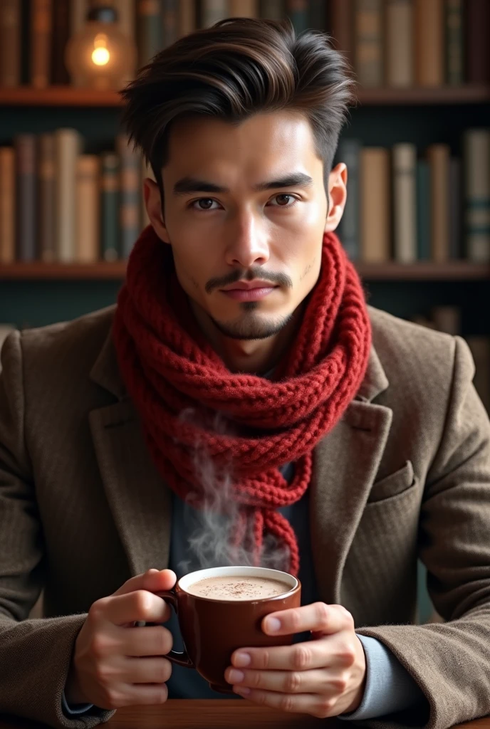 photorealisti；Handsome boyfriend；red scarf；Vintage study；Holding hot cocoa；4k；High quality