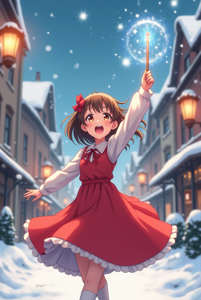 Anime；Energetic Girl；Classic Red Dress；Snowy Street；Holding a Fairy Wand；4k；高质量
