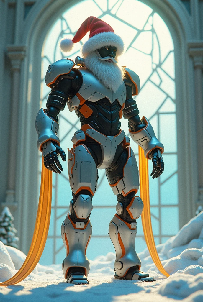 Stylized Art；Cyber Mecha Santa Claus；Stained-Glass Window Texture (Church Christmas Vibes)；Geometric Abstract Snow Scene；Floating Golden Ribbons；4k；高质量