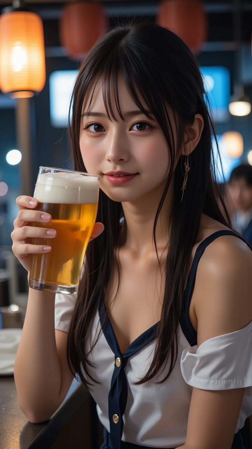 A very cute face like an idol、Looks like a young face、20-year-old female、Gentle and cute、A kind smile、White, sheer collared blouse、((whole body像))、Cleavage、A crowded bar、Toast with a beer mug、Cinema lighting、Natural light、whole body、RAW Photos、Genuine、Artistic、(High level of artistry)、High quality that is indistinguishable from real life、realism、Real Stick、High resolution、masterpiece