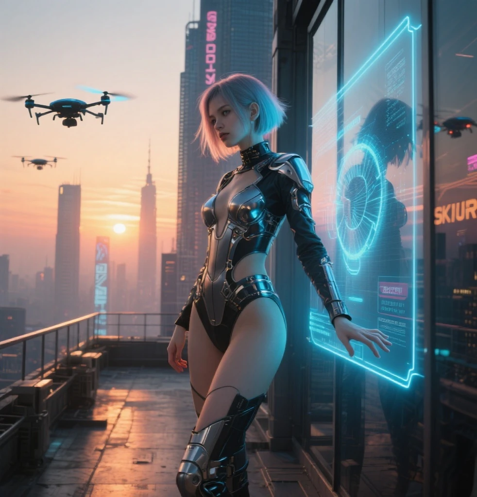 Brightly colored abstract aerial view image of a (((((futuristic helipad beside ocean))))) with a spiral, a (((futuristic all-glass train))) passing by, epic beautiful space sci-fi, chaotic cinematic space rift, Greg Beeple, Beeple and Tim Hildebrandt, Beeple and Jean Giraud, (((giant glass lion sculpture))), galaxy space sci-fi, ringworld, by Mike "Beeple" Winkelmann. Matrix style, (((Matrix cascading code))), (((a futuristic twin tower skyscraper with a unique twisted design))), (((OLED GUI interfaces in the building))), at night, (((((1girl, solo))))), photo realistic, (((((((large-breast:1.2 body, cleavage:1.4))))))), (((((off broken mini sling-shirt and black sling , extreamly short pleated  exposing ))))), (((((running pose))))), (((((((matrix style black micro sunglasses))))))), ((((((((((aiming with a short gun)))))))))), (((((looking at camera))))), (((very low view))), (((((half-body thigh level medium shot))))), (((cinematic lighting))).