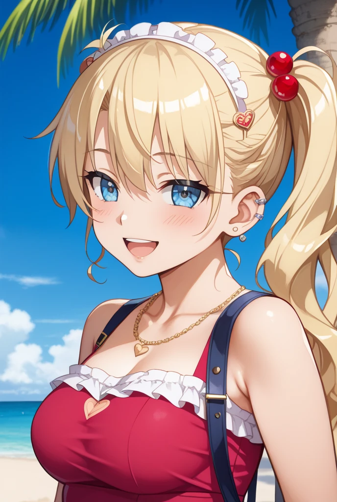 40 year old woman, curly blonde hair to waist, green eyes, blue and white striped spaghetti strap dress, white earrings, red bag, jade bracelet, red bead necklace