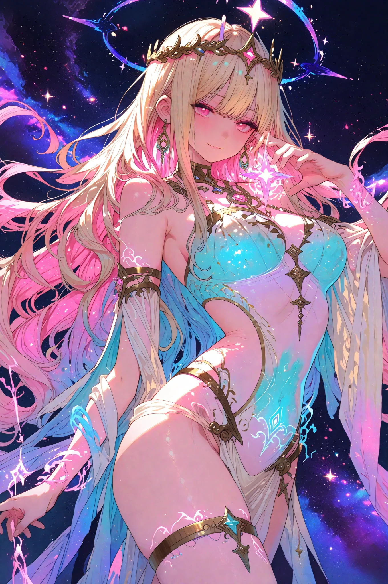 very cool beautiful lady, high leg   bra and panties, anime, manga, illustration, fantasy, white glossy flowing layered wavy long hair, french braid, sparkling glossy pink big eyes, , abs, slender, full body, Master of Magic, Effortlessly Releases Magic, background galaxy brilliant magic circle, give off rainbow and gold neon light many lines radially from floor and ceiling, high resolution, best quality, very high image quality, ultra detailed, hyper realistic --auto --s2