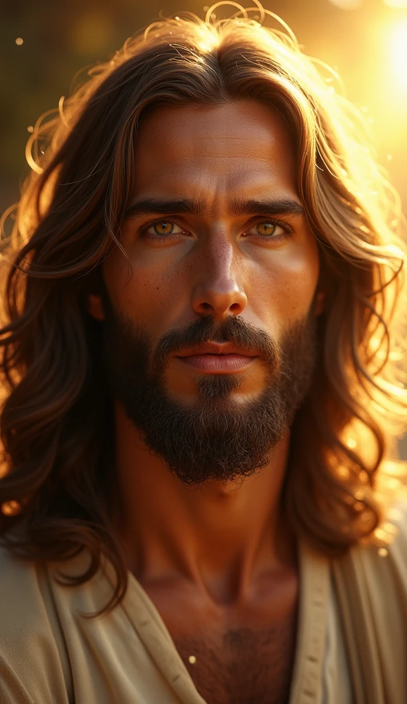 Seth Rollins como Jesus Cristo, sorrindo e feliz, wearing tunic, focar nos detalhes do rosto, cabelo escuro preto, semelhante ao seth rollins, wearing the long beige tunic of Jesus, Biblical style of Jesus, imagem realista, fundo da imagem preto escuro , melhor qualidade, 8k, focar nos detalhes.