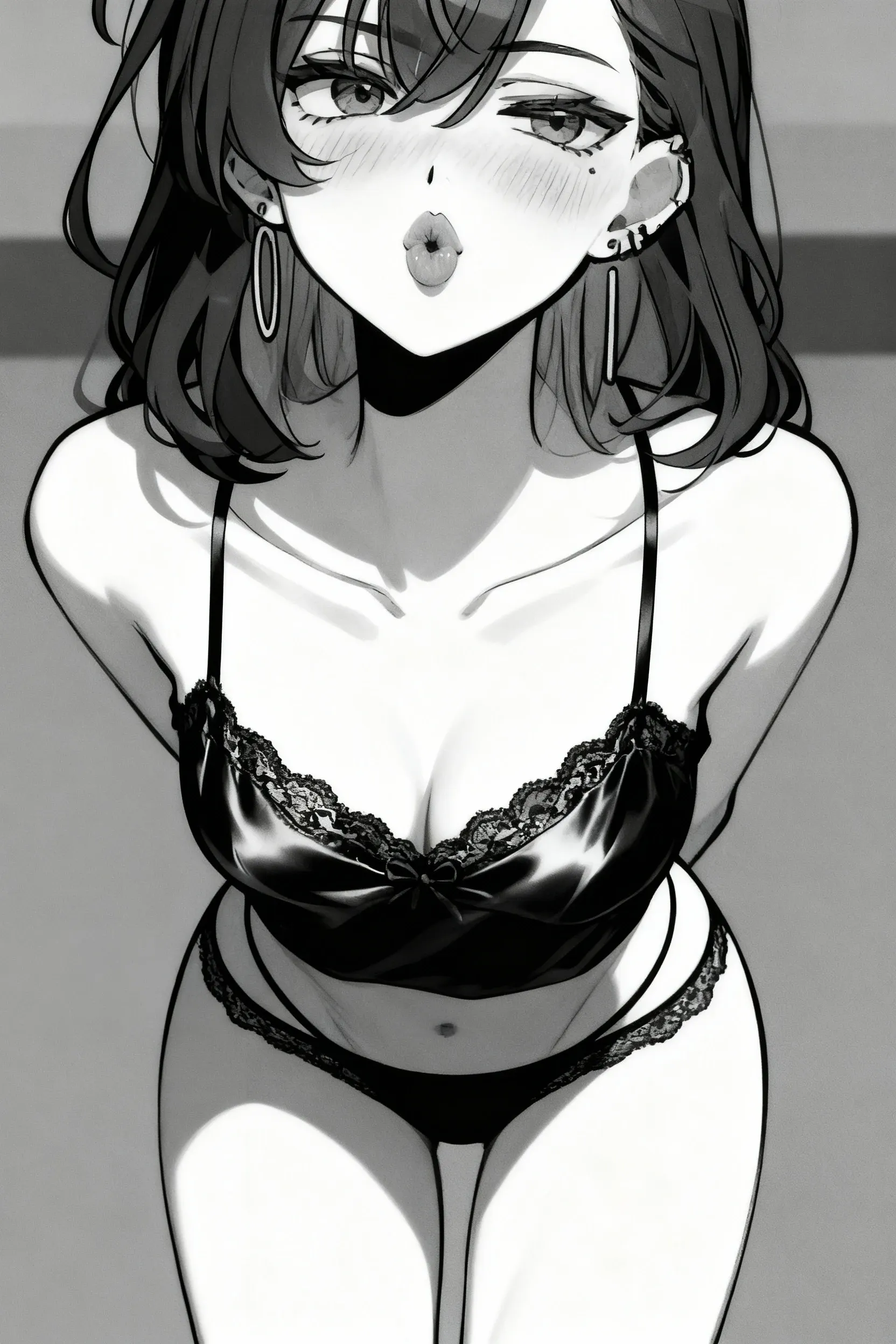 Best quality, Funny , 8 thousand., stockings with suspenders, woman, , drawing of a woman in black and white lingerie, Thick black line, commission высокого разрешения, back and white, thick line drawing, with backlight, cutesexybutts, FINE, commission, thick контур, 2 years, 2 years, Hands behind your back, body pose! , realistic perfect body with shading, black and white manga style, thick