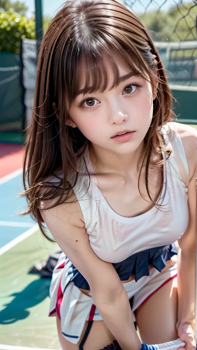 1girl, solo, white polo shirt, white sneakers, tennis wear, white , masterpiece, best quality, realistic, hyper-detailed, (shiny skin, sweaty:1.4), absurd, looking at viewer, short black hair, brown eyes, slender, dynamic lighting, high resolution, sharp focus, depth of field, detailed eyes, sharp pupils, realistic pupils, (small breasts:1.6), (thick thighs:1.0), outdoor, sky