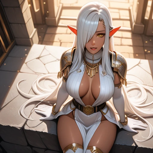  succubus girl with white long hair, Bronzed Skin, White horns, No wings on the back. Dressed in white high-heeled shoes. standing in the office. Full growth in the frame.