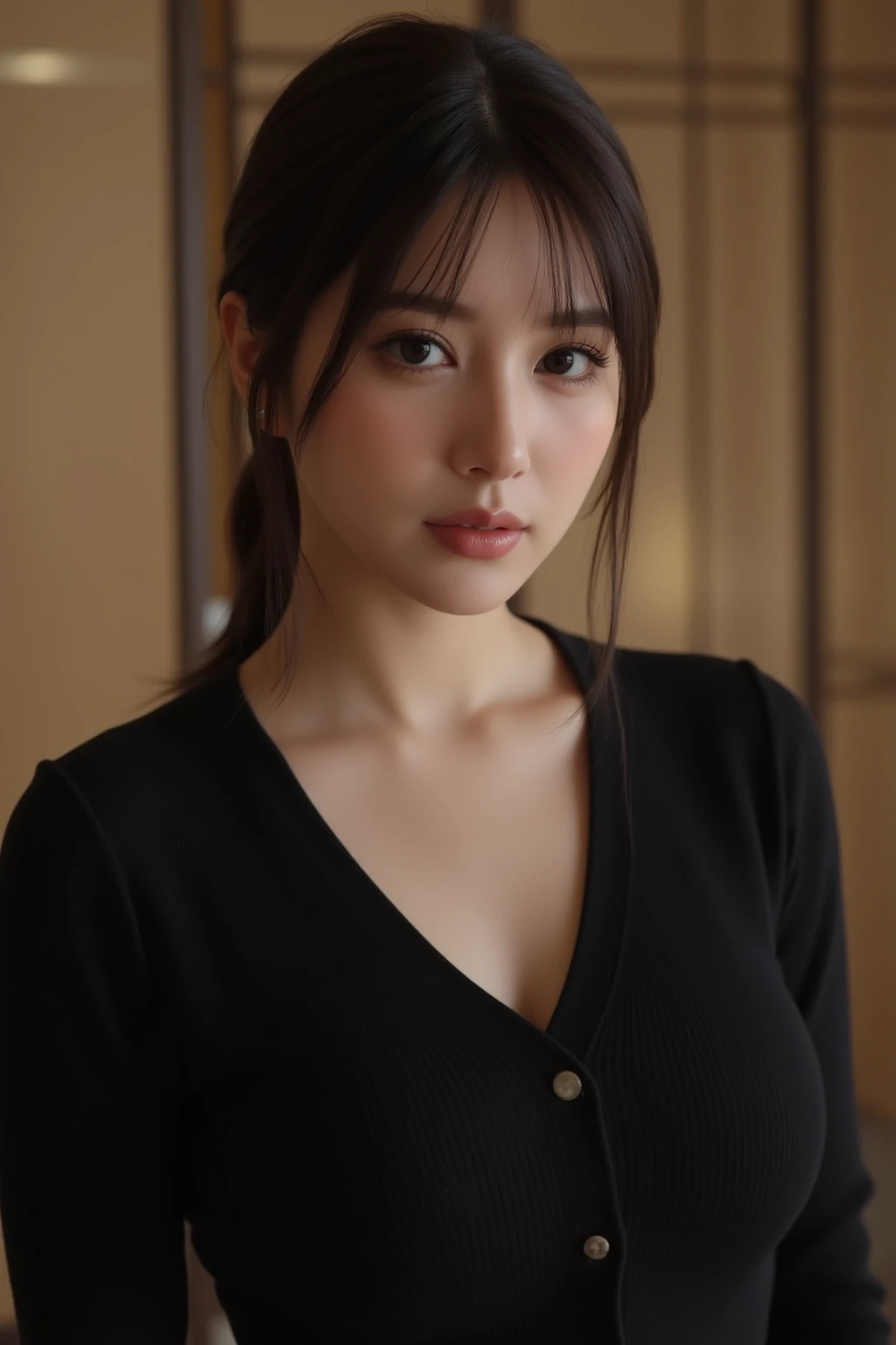 masterpiece, Best Quality, 8K, 20 yo, ????????????, cuddly, Solo, sad, Cute, Girly, Delicate girl, Neat and clean beauty,  Raw photo, Professional Photography, Portrait, Soft light, Professional Lighting, Back lighting, Upper body, front view, Sophisticated, Film grain, (Eyes and faces with detailed:1.0), short length floating hair, beautiful flowing hair, bangs, Jersey pajama set