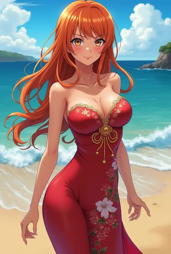 Young woman with long red hair spiral curls，Hairpin，Black bikini， Legs，sandals，Standing，Sea