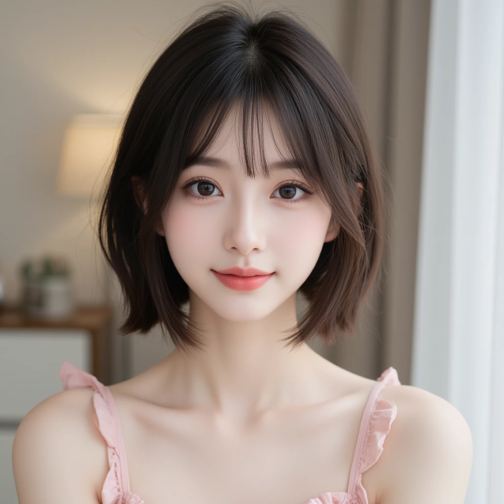 incredibly absurd, beautiful and cute 20-year-old Korean girl with a photorealistic face, showcasing top-quality craftsmanship. Her slender frame adorned with short, messy hair. The artwork high-resolution, allowing for ultra-detailed features to be captured flawlessly. The focus lies on the realistic pupils, showcasing depth and emotion. (( out)) cute smile.