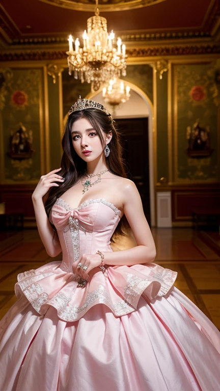 ((top-quality、masutepiece、8K、Top image quality、Highly complex and detailed depictions))、one  goddess、The best luxury where everything is unimaginable、The most gorgeous and majestic  goddess costume、Surrounded by pink and purple curtains、pink and purple lighting、Sit on a super-huge throne、The background is the most luxurious and complicated princess room、(Warm mood lighting:1.1)、(mid night:1.3)、(Background completely surrounded by curtains:1.3)、(blurry backround:1.1)、(moody dim room:1.3)、(The background is all pink and purple:1.2)、Shine intricately、The biggest smile staring at the camera、(spectacular movie lighting:1.1)、(very romantic atmosphere:1.1)、(very romantic performance:1.1)、Upper body photo、(The most gorgeous and majestic throne:1.1)、(pink and purple throne:1.1)、artistic décor、Large amount of jewelry decoration、The most luxurious and huge tiara、detailed ornament、glowing gemstones、giant pink and purple costume、(big pink and purple sleeves:1.1)、Very fine decoration、Very complex decoration、royal, yudai、(Frontal close-up:1.1), (exact and perfect throne:1.1)、(perfect and majestic costume:1.1)、(Symmetrical composition:1.1)、huge and magnificent throne