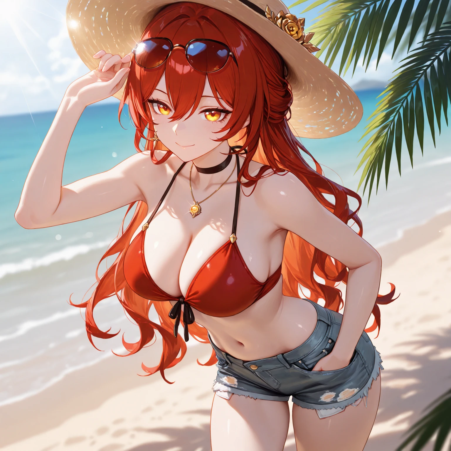 Very detailed、highest quality、Best image quality、masterpiece、8k、Anime Face、A kind smile、(Open your mouth:1.3)、Sparkling blue eyes、(Orange medium long hair:1.5)、(Muscles of the whole body:1.3)、(High leg:1.8)、Thigh belt、(Green :1.5)、(Upper body close-up:1.5)、(SFW Giant)、(Thick body:1.2)