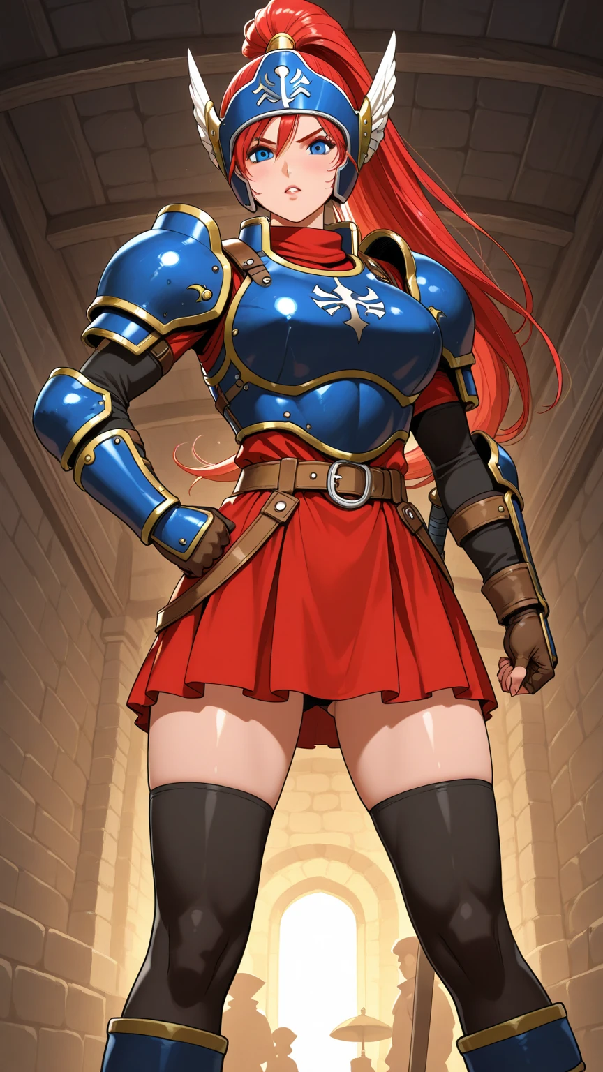 Masterpiece, (flat black background:1.2) solo, detailed face, intricate iris, thick lips, robot girl, (gold and white skin), realistic illustration of a (cyborg girl), (RED eyes), IvoryGoldAI, (freckles),(holding BREATHTAKING:1.2), (gold and white armor:1.2), (looking at viewer:1.2), parted lips, standing straight symmetrical, looking at viewer,  smirking smile face red blushed red cheeks, thick thighs, thigh highs, thigh, boots, armor, armored boots, full body armor, bikini armor, big breastplate, pauldron, bracers, leather black choker, tiger claws gloves, short bob white haircut, helmeted, metal shoulders, red long loincloth, longest blue cape reach to the waist,  and chains wristbands