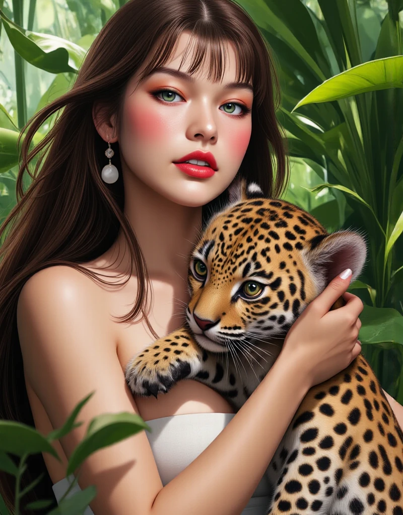 A beautiful young woman (Emma Watson) in a  string bikini, happily showering with her large pet cheetah, joyfully scrubbing herself and the sad cheetah, hyper-realistic, photorealistic, 8k, masterpiece, award-winning photography, dramatic soft lighting, detailed  features, detailed eyes, detailed lips, long eyelashes, buxom figure, shapely buttocks, serene expression, affectionate interaction with cheetah, lush tropical shower room setting, ornate tiled walls, steam and water droplets, dynamic composition, vibrant colors, cinematic quality