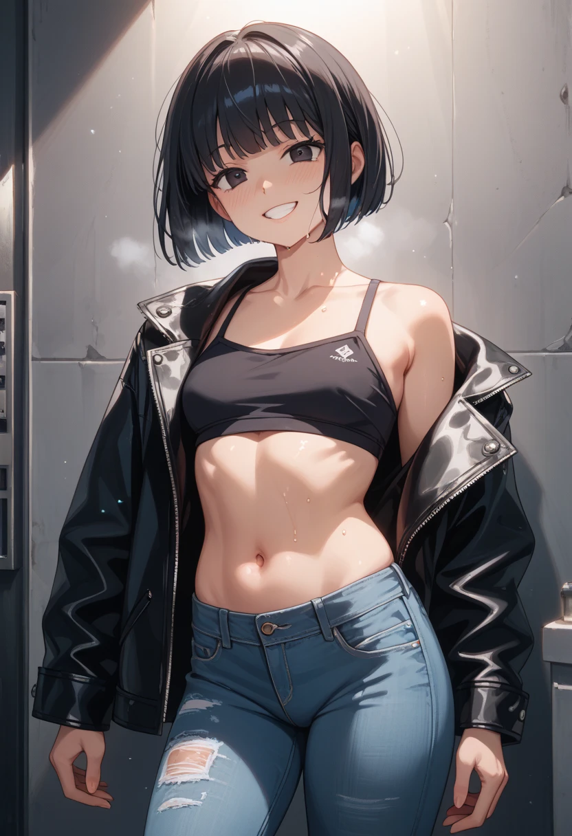 Anime style , young girl , black hair, smug expression ,provocante ,morena, dark skin , top curto,belly , flat , very short shorts , micro shorts, . Diabinha.