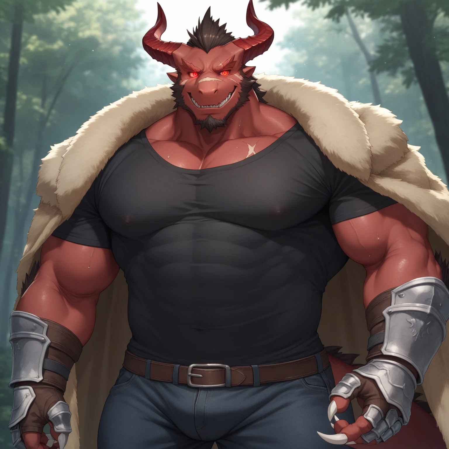 solo, breath (ultra detailed), a beautiful and detailed full size portrait of a male anthro batzz, demon lord dragon batzz, dragon tail, green eyes, glowing eyes, black body, black skin, long hair, red hair, horns, scar, tail, bedroom eyes, detailed eyes, big body, sexy body, (wide body). goddess, kenket, Ross Tran,ruan jia, trending on artstation,foxovh, cenematic lighting, front view, vip, buff, big pecs, strong arms, strong legs, muscular anthro, spike arms, strong legs, ((big pecs, , big pecs, equine ))), day, wet, front view, sitting on bed, arms behnd head, , bedroom, sweating, open mouth, angry
