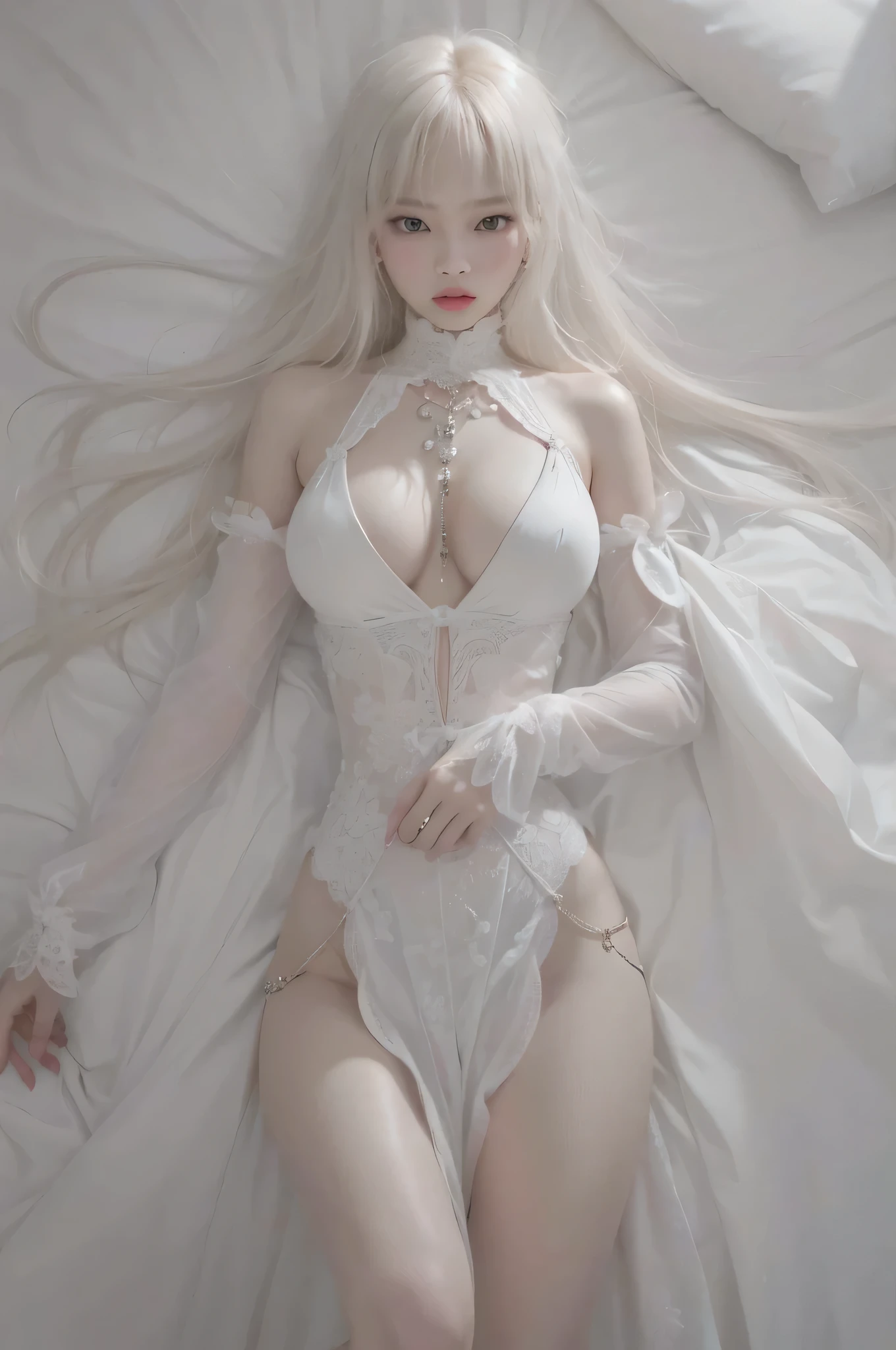 Shy face, , slave, lace, white corset, , collar, , lying on bed on your side, (best quality, 8k, masterpiece: 1.3))), clear focus: 1.2, (layer cut, large: 1.2), beauty with perfect figure: 1.4, slender abs: 1.2, wet body: 1.5, highly detailed face and skin texture, detailed eyes, double eyelids, long white hair