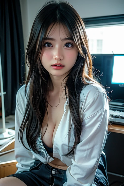 ((Highest quality, High resolution, Hmph, Pixel perfect, 4K, Hmph, Hmph))), single, alone, Beauty、The whole body is visible、 ((Long Hair, bangs, Brown Hair)), ((Brown eyes, Beautiful eyelashes, Realistic eyes)), ((Detailed face, Blushing:1.2)), ((Smooth texture:0.75, Realistic texture:0.65, Realistic:1.1, Detailed Photos)), Medium chest, Dynamic Angle, Perfect body, ((全、I'm not wearing shoes、White Sox)), outside、Sit at a desk、Lower'I took my feet off the desk.............................................................、evening、、、Very embarrassing panic smile、(Spread your legs、Knees wide open、Floral lace )、、(Pink lace )、Angle from below、(())、((Sexy))、((Accentuated crotch))、((()))、(((With )))、((Pervert))