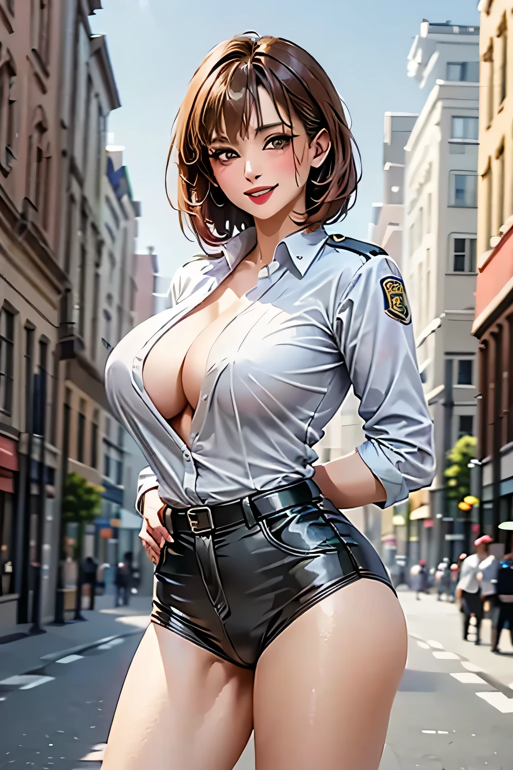 (masterpiece:1.2, highest quality, 8K, advanced details), (realistic, photorealistic:1.4), beautiful illustrations, 
looking at the viewer, whole body, Front view:0.6, 
1 female, 23 years old, Japanese, ((brown hair chignon:1.5, hairstyle parted in the middle)), ((height: 169 cm, (medium breasts:1.3), Moderate abs, big ass)) 
beautiful hair, beautiful face, beautiful and detailed eyes, ((gray eyes:1.3, round big eyes:1.3)), beautiful clavicle, beautiful body, beautiful breasts, beautiful thighs, beautiful feet, beautiful fingers, perfect :1.3, perfect 
(downtown)
((policewoman costume:1.7, choker:1.6)) 
((Grasp the hem of the skirt with your right hand, Put your left hand on your chest, stand with :1.3)), 
(Look at the viewer while blushing:1.3)