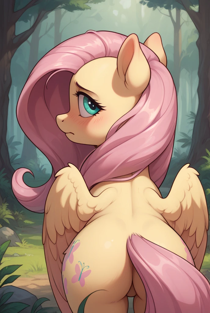 ((derpibooru_p_95)),pony,fluttershy,solo,wings,(masterpiece),8k,Smile,(best quality),triadic lighting,best quality,forest background,High Definition,highres,embellishments, back view ???????? my ?????? leaking ????? blushing looking at you