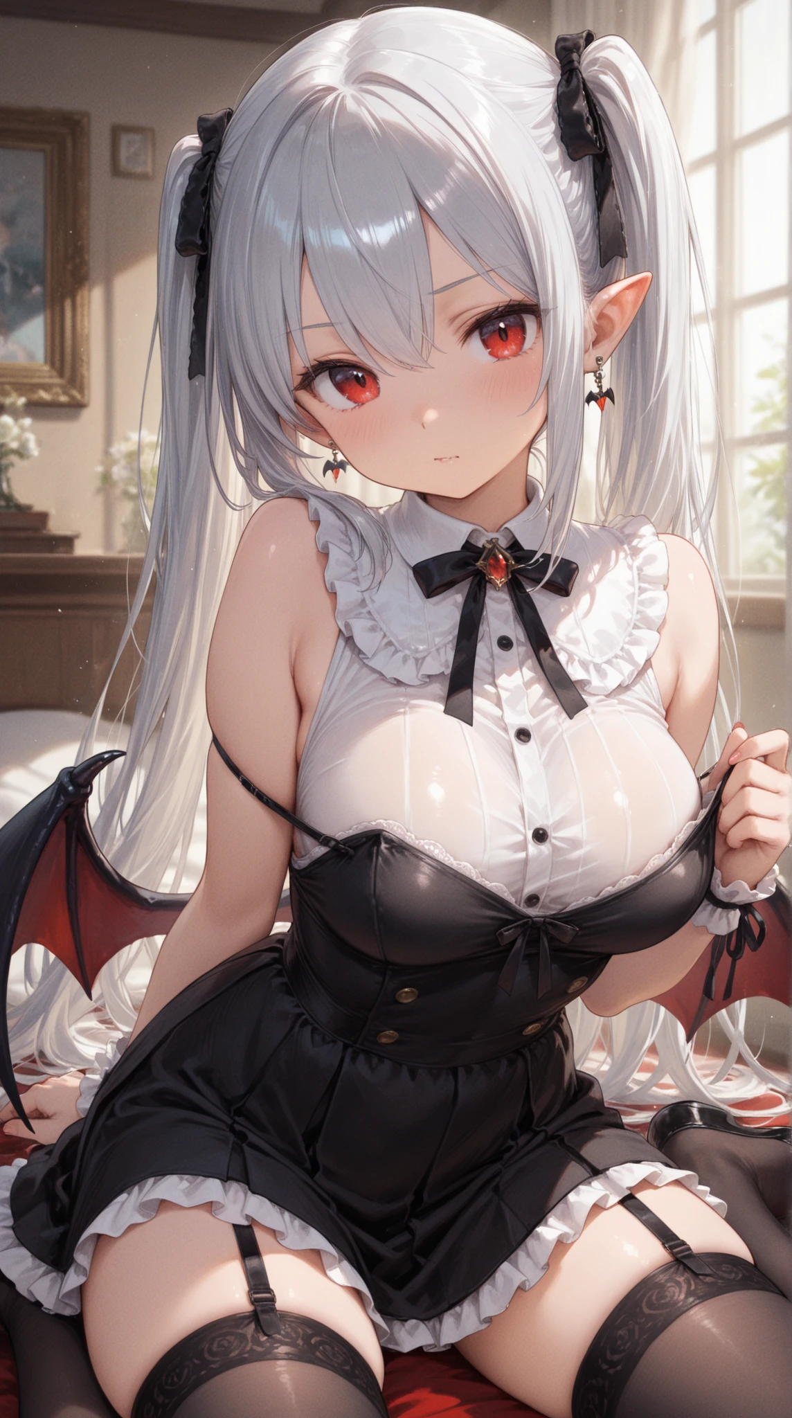 10th Generation,A beautiful woman,Beautiful breasts,Moe,Succubus,bat wings on the back,,Cow horns on the side of the head,Peach front tie  top,Ruffled apron dress,Headdress,Maid,Black knee socks