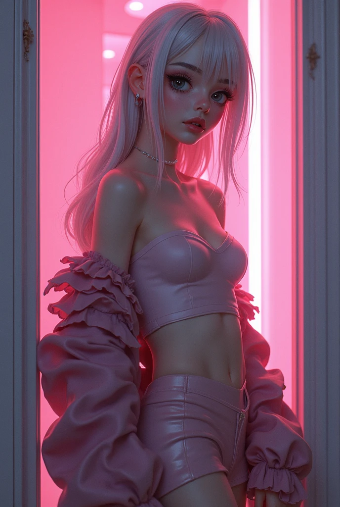 A realistic rendering of an Anne Anderson style illustration of a very close shot, ultra close shot on the   of a pert, nubile, thin, freckled  teen   girl with 50s style,  platinum blonde hair, bows in hair, slight smile, , best quality, tiny ,  , small ,  , exposed , , legs spread open,  pink  , puffy   , wearing a clear, pink, plastic body armor, clear pink plastic armor, clear, pink, plastic body harness, clear, pink, plastic body cage,  pink bondage straps, black, spiked  choker necklace, black leather jacket,  a silver chain wrapped around body, open, white blouse, white lace collar, pastel lace, pastel lace straps under , pastel lace straps under ,  open light blue, fuzzy sweater, ,        
  uniform, partially clothed, sitting  in a bondage harness swing, in a darkened, pink, neon lit, 1950s teen girl's bedroom, glowing pink, neon lights, full of bondage straps,, ultra close shot on , very, very close shot on  