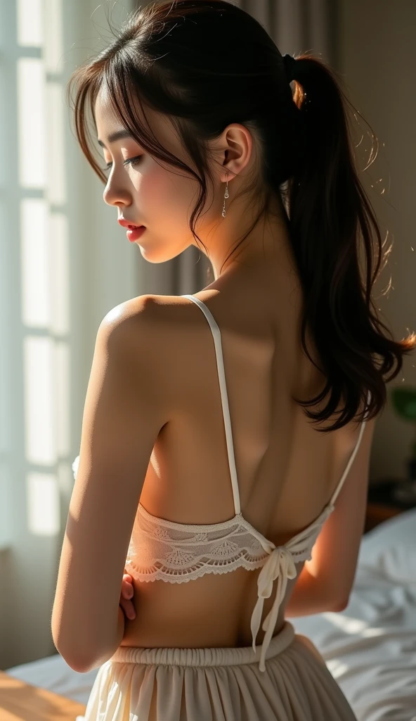 （8K分辨率，Photos of ????? backs，（Portrait of a person taken through a mirror）），（femele，age 22，（（s delicate face，详细的脸，Look at the lens in the mirror，Flushed face，Moist face），（Loose hair，Long hair micro-curls，damp hair）），Fair smooth skin，Moist skin，（Best Skin Type：1.21），perfect body figure，Perfect back，Delicate skin texture，（（Smooth back，Soaked lace panties，（Hold the dresser with both hands，Stand facing the mirror，Cover your ????? with a bath towel）），delicate leg，perfect hand），（Luxurious bathroom，Large mirrored vanity，Water vapor on the mirror，????????? is scattered on the bathroom dresser，Exquisite setup details），（Professional lighting，Artistic lighting），（（Contrast of skin and ????????? materials，Color contrast，The colors are bright，white colors，Flesh-colored，black in color，red colour））），（Golden ratio line，Water vapor visible in the air，artistic lens，Hasselblad photograp，tmasterpiece：1.3），（advanced art，Beautiful out bath pictures，wallpaper hd，Official propaganda，Art platform）