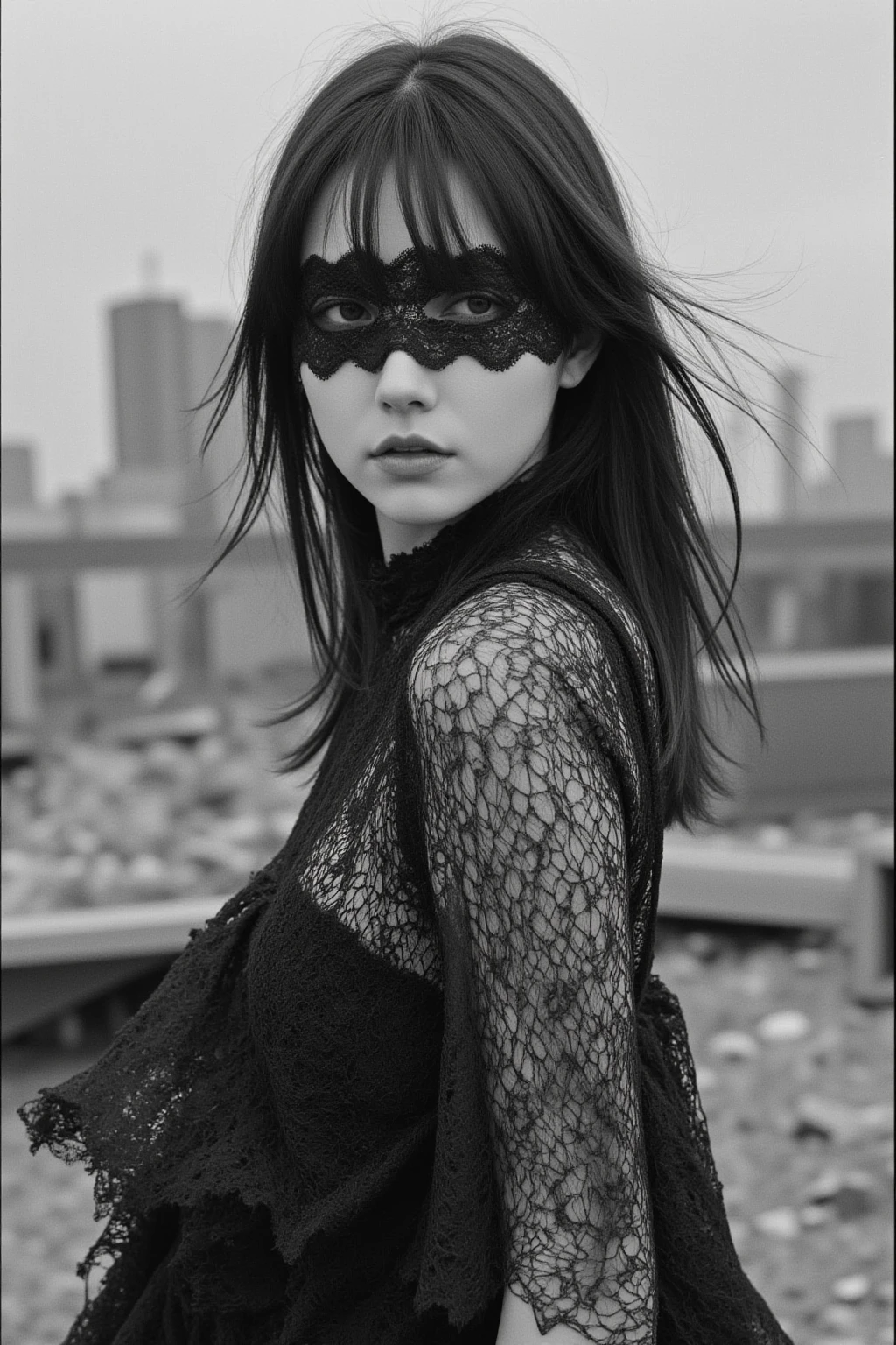 film photography, vintage, fashion shoot of female horror monster, blue dark background