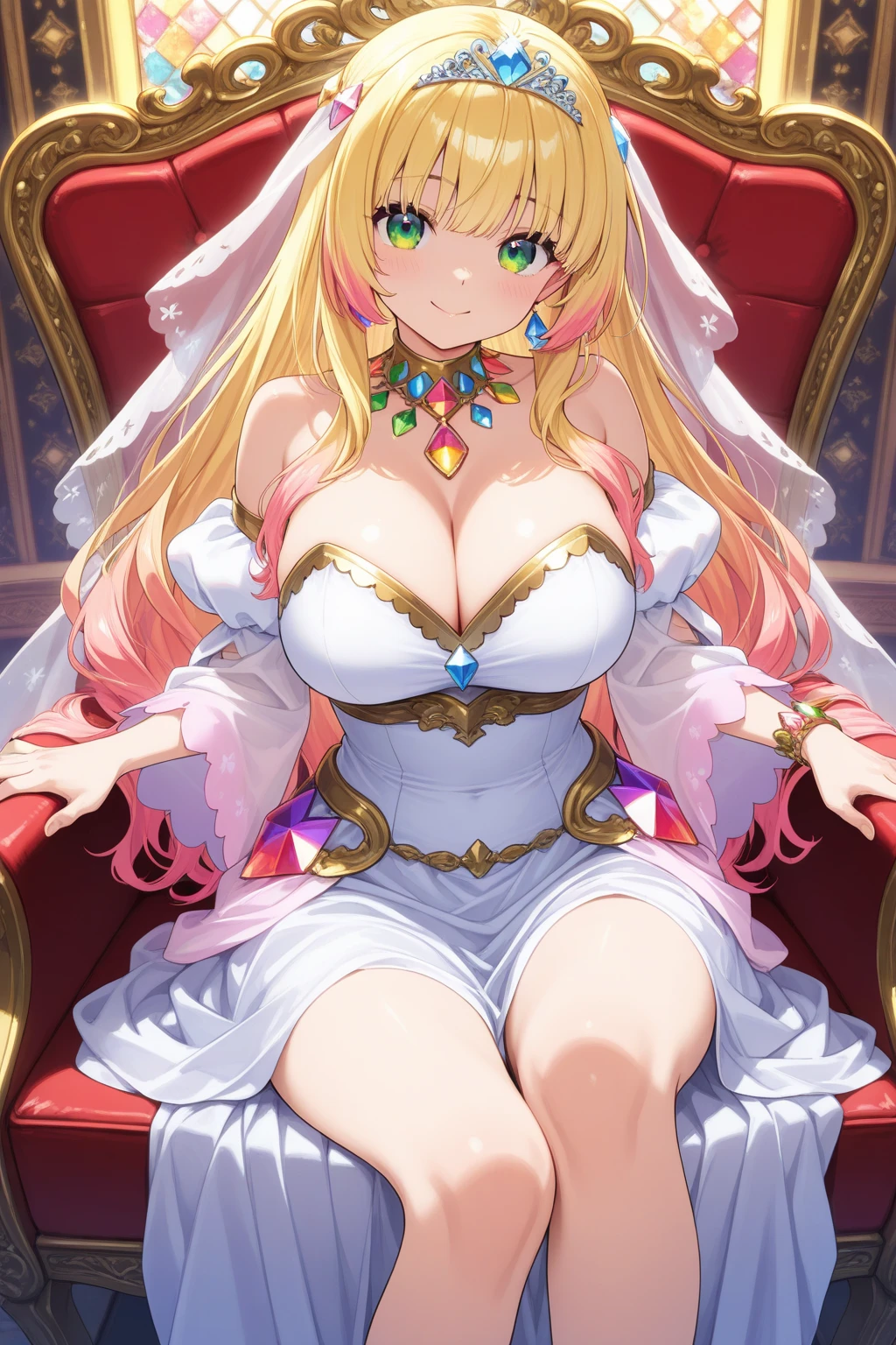 Cristalina, 20 years old, very long light blonde hair, has become a goddess for her beautiful body and ???????????? with a very ???? white goddess dress, being in her throne room to meet her client to go to bed..??????