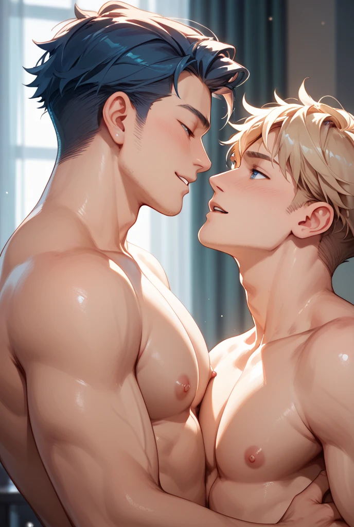 best quality, masterpiece, 2 boys, male kpop idol with purple ombre hair and , he is kissing a man with blond hair, muscular, sheer white jockstrap, bulge, visible  line,  chest, dancing seductively with each other, on colourful led stage, , , rave concert, crowd happily cheering them on, sexy, gay, homoerotic, ambient lighting, extremely dramatic shadows, front view, perfection, no watermark, no logo, no signature