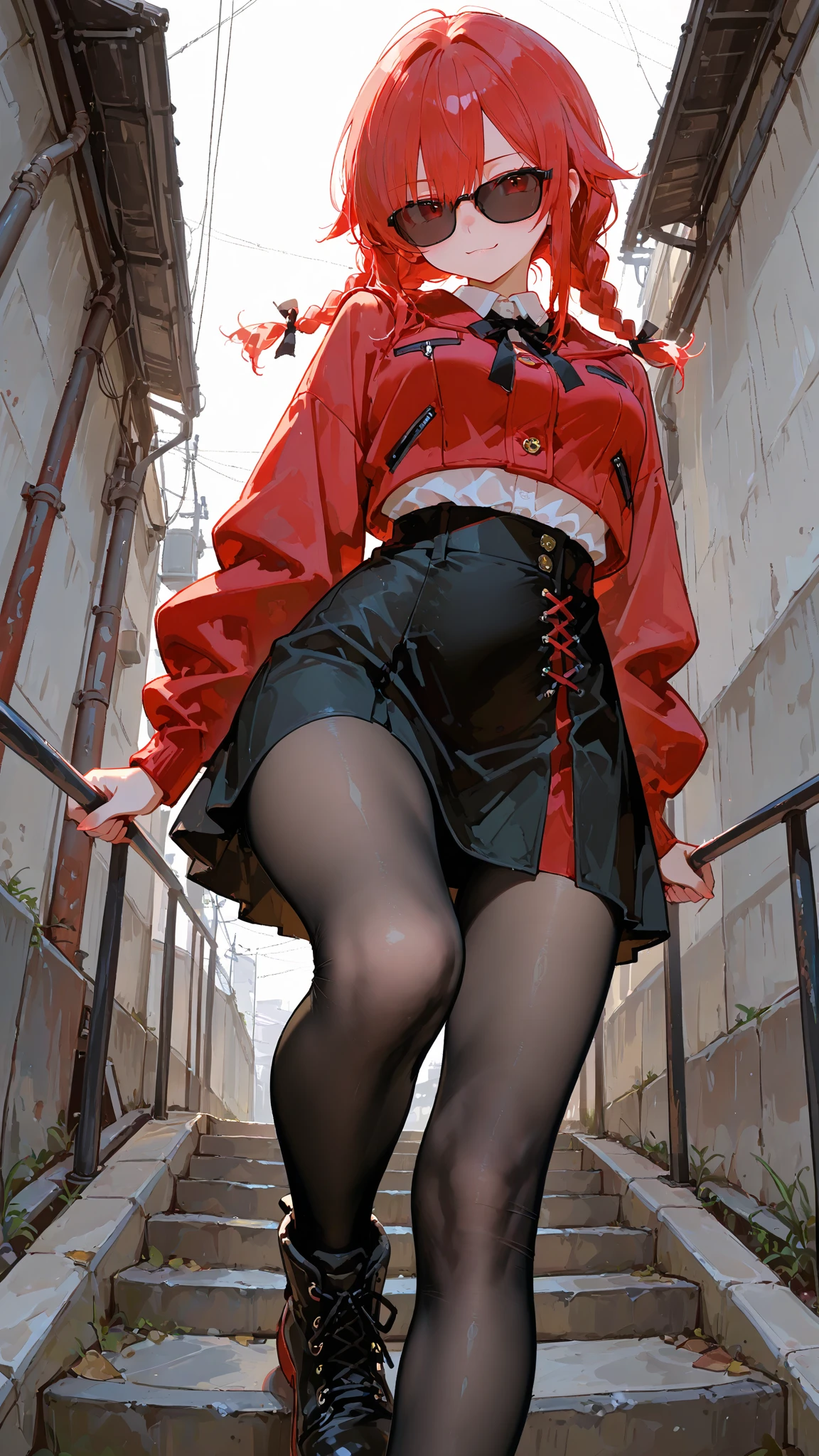 A woman with long blonde hair that has red streaks, green eyes, light skin, freckled cheeks and wears a white blouse, black hoodie and shorts, white stockings, white thigh straps, and black shoes