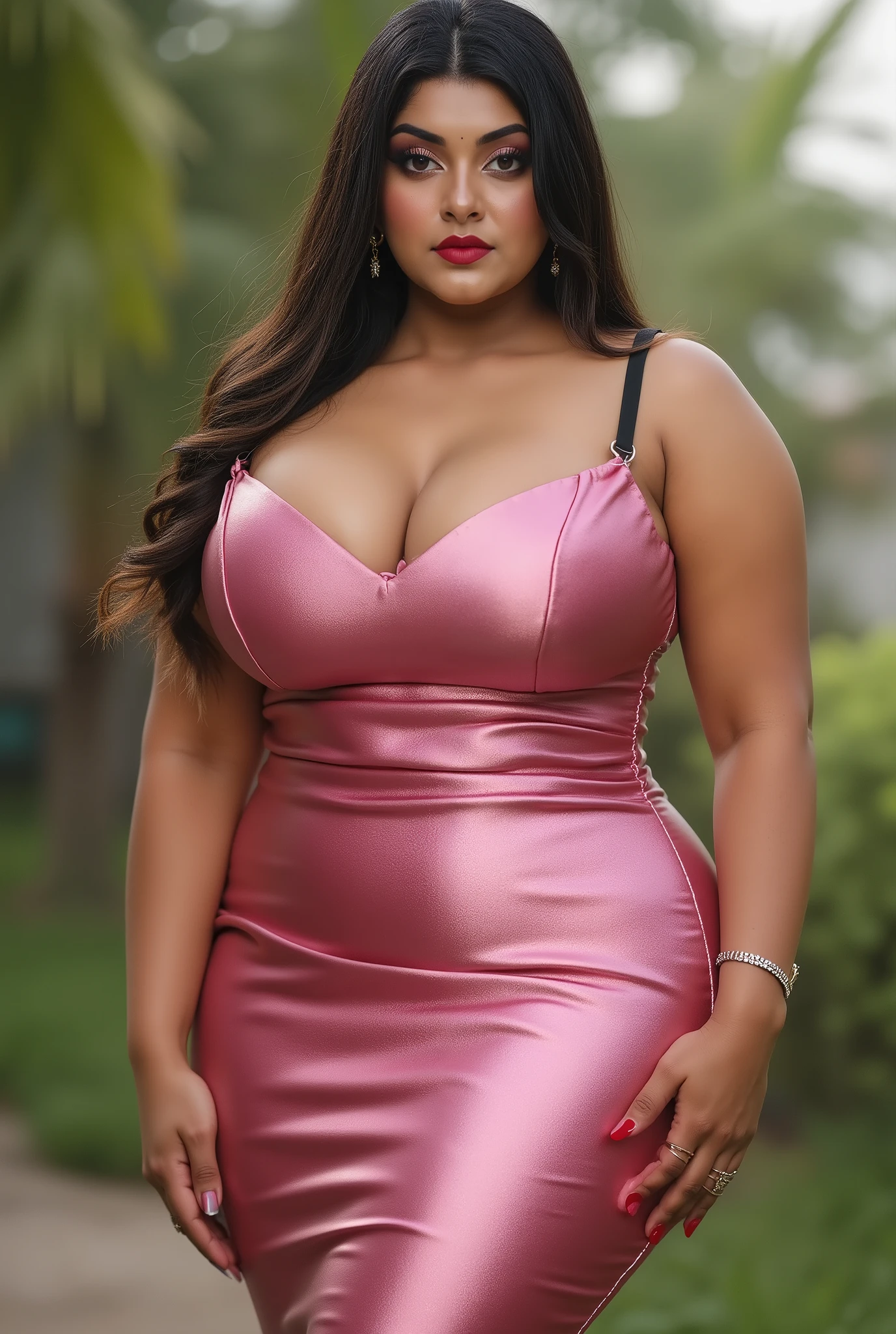 tiktok photo of 37 years old bengali curvy plus size woman in standing position head to thigh view, big m-cup breasts, she has a jiggly fat round belly, thick body, curvy plus size figure,big m-cup breasts , big m-cup breasts,cleavage, cleavage, big waist, big hips, sexy curve,front facing to camera, closeup, RAW, masterpiece, realistic, hyper realistic, muted color, film grain, looking at viewer, polo's pastel perfection looking 80s casual soft collars, fascinating, wearing Magenta dress flower,