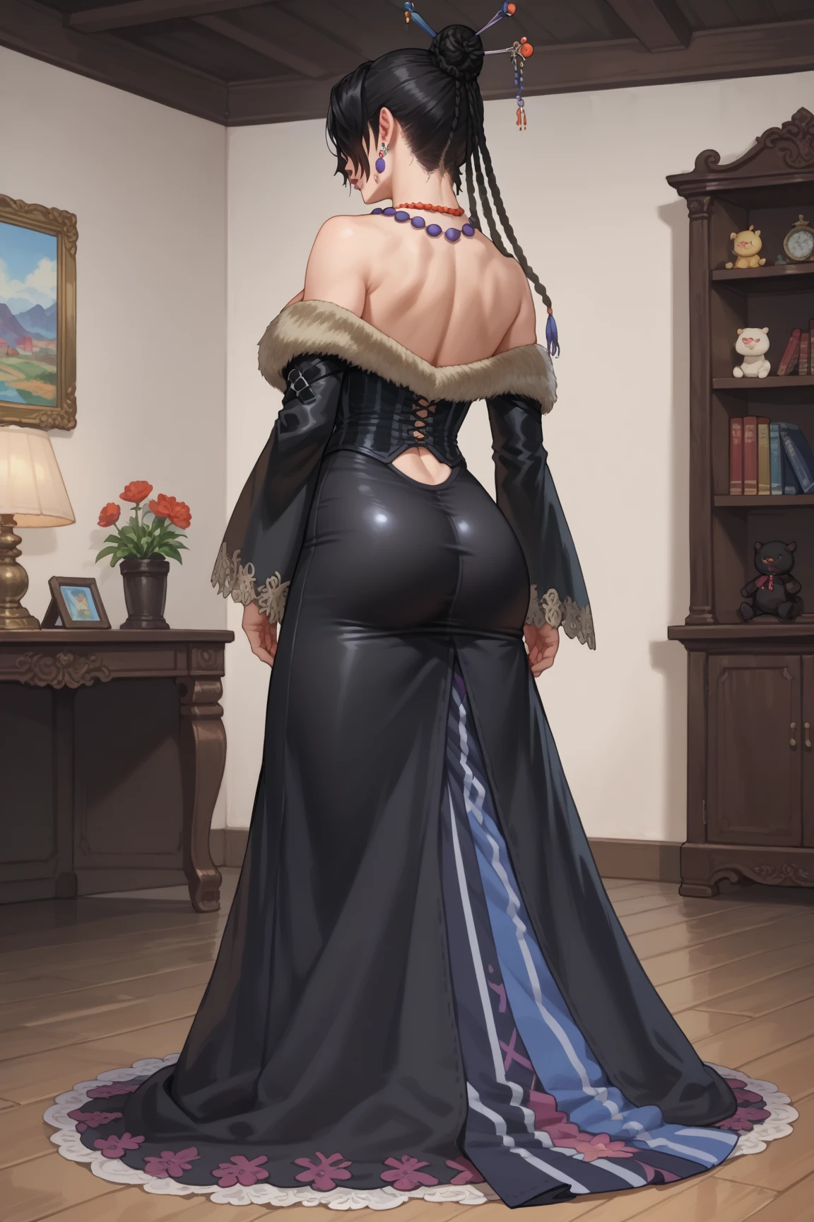 Masterpiece, Best Quality, high Quality, 1girl, dragon girl, long dress purple, long dress goth, dark purple hair,  short hair, smile, nervous, stunning, bedroom, blushes, attractive, , wide , dragón tail red, detailed ornament dress