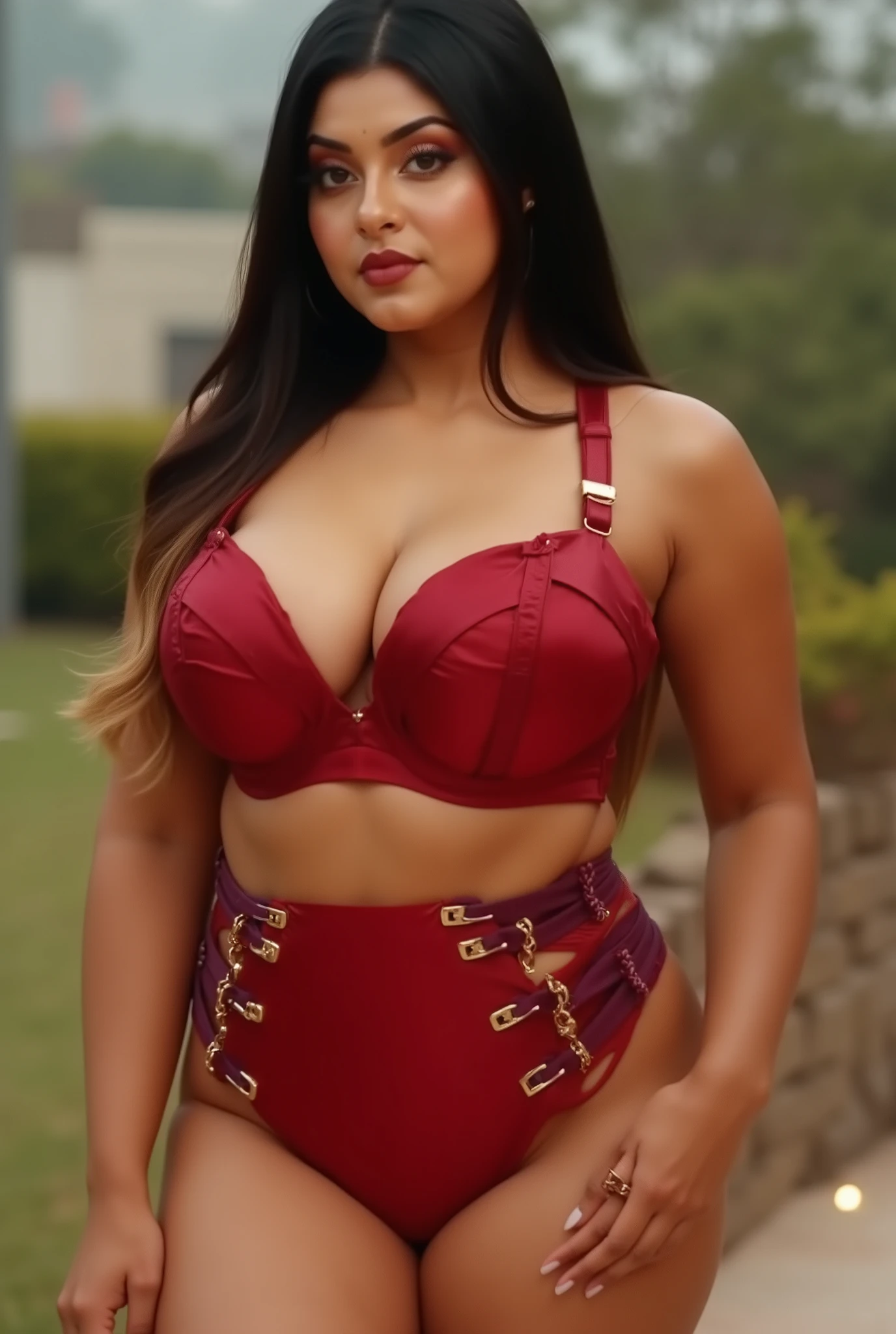 Full body photo of SEXY 50YO MATURE  AISHWARYA RAI as   PARTY FREAK, ((ponytail hair)), ((red and blue US flag bikini)), ((boots)), (((surrounded and giving  INSTRUCTION in centre of  MEN in CROWDED ONLY  MEN RAVE PARTY))), day scene, curvaceous mature hourglass figure, look straight at camera, sexy 50 yo mature , soft volumetric lights, intricate details, (ArtStation:1.2)