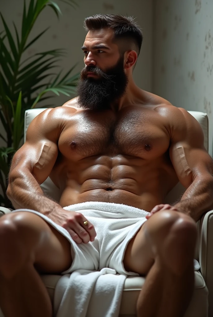 full body portrait, strong burly hairy mature older man(space captain), wearing futuristic captain's uniform insignia (neon and black) (open and revealing) () , gray hair, reflective sunglasses (neon yellow rims), broad shoulders, round belly, thick feet, bulging micro , barefoot, scifi spaceship captain uniform, neon lights, best quality elegant masterpiece, face looks like Tom Selleck (Magnum PI) , military buzzcut, dark mustache, gray stubble, , wearing a  , big bulging crotch, futuristic gear equipment, wearing  plastic chest armor (neon yellow and electric blue), wearing neon yellow  chest armor, wearing electric blue  chaps(see-through) , wearing cool neon sneakers,in spaceship cockpit, lying in spaceship sleeping quarters(bed) (view from above), smiling with teeth showing, nicebulge, waiting in bed, glowing armor, legs up(!) and spread(!) , big muscle ass, wet and dripping ass, visible (!) , wet , hairy pecs, thick long legs, silver hair