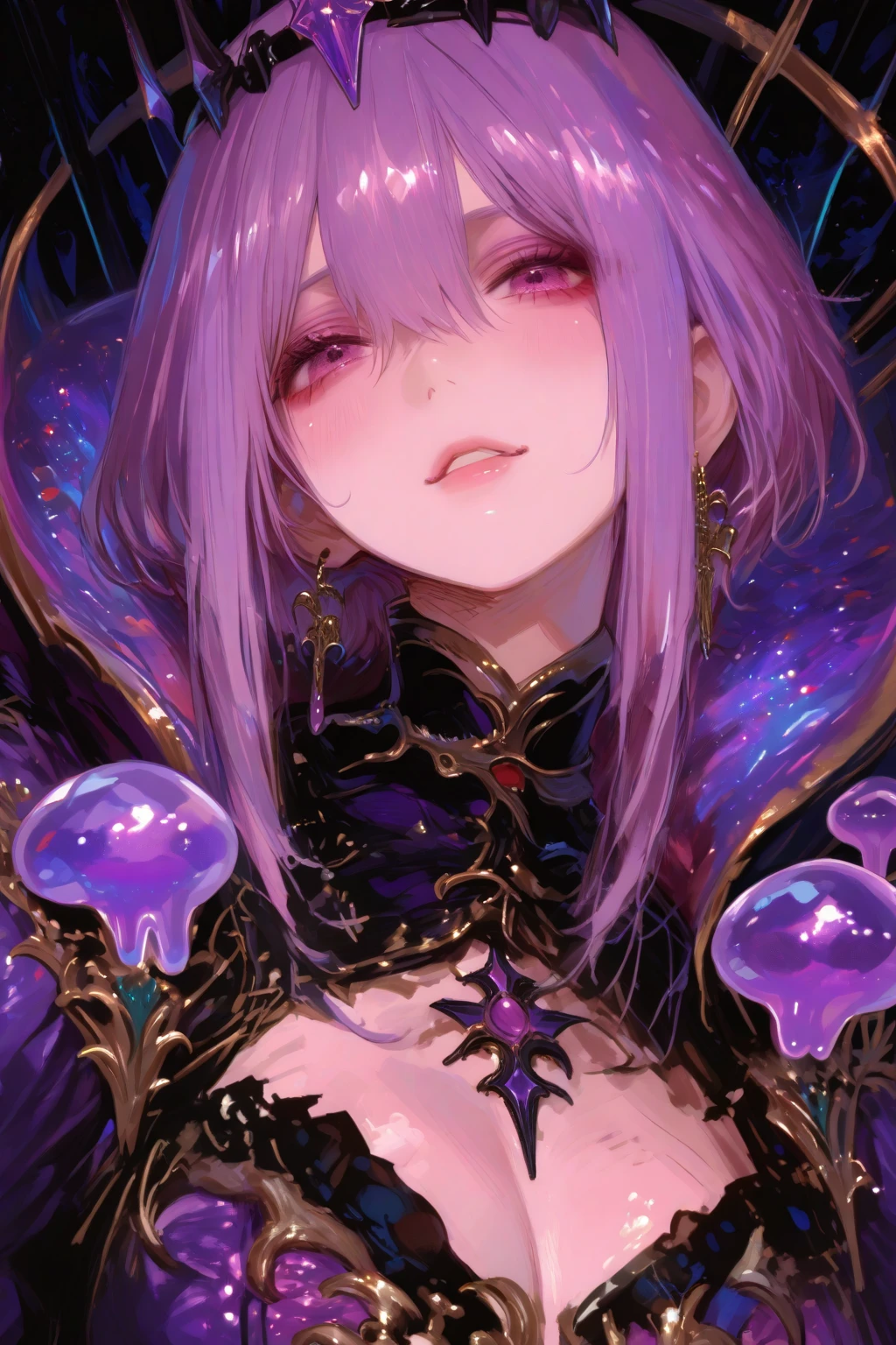 (masterpiece), (best quality:1.4), (perfect ???????:1.4), high quality, expressive eyes, portrait, detailed face, beautiful face, perfect face, {1 girl}, In her slime form, Danua is a mesmerizing entity, her amorphous body pulsating with vibrant colors and otherworldly energy. She takes on a fluid, gelatinous appearance, constantly shifting and morphing with an almost hypnotic fluidity. Danua's slime form is translucent, allowing glimpses of the swirling colors and patterns that ripple beneath her surface. Shades of deep emerald, green mingle with iridescent blues and purples, creating an ethereal kaleidoscope of hues that dance and shimmer in the light. Her form lacks defined features, instead resembling a constantly shifting mass of gel-like substance. However, there is a sense of grace and purpose to her movements, as if she possesses a silent intelligence that guides her every shift and flow. Despite her lack of a solid form, Danua exudes an undeniable presence in her slime state. She radiates an aura of ancient power and mystique, her ever-changing form hinting at the depths of her enigmatic nature. Overall, Danua's slime form is a mesmerizing spectacle, a symphony of colors and shapes that captivates the eye and sparks the imagination.