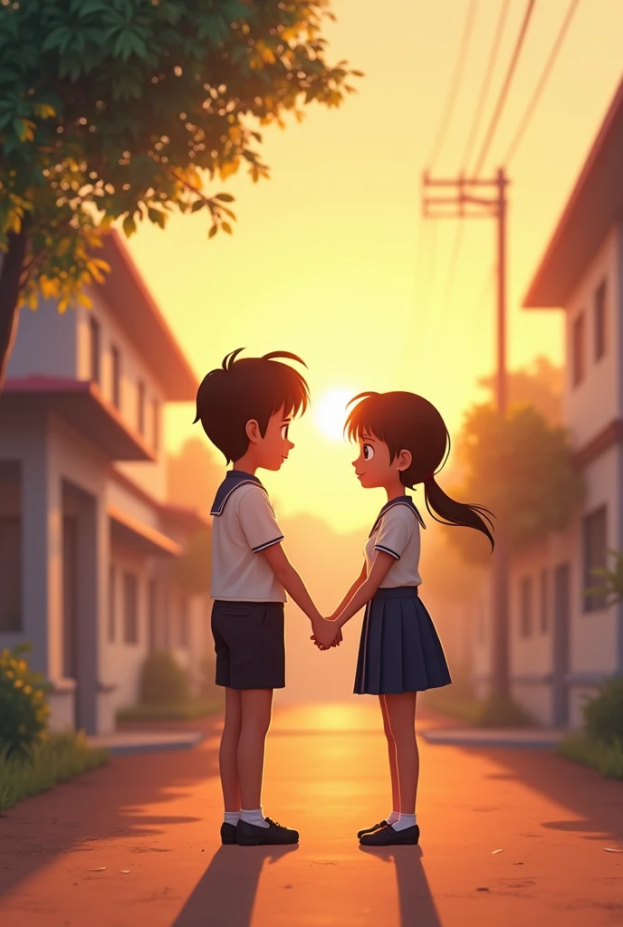 One dressed modestly polishing shoes, the other in a school uniform with polished shoes. A warm morning village background.