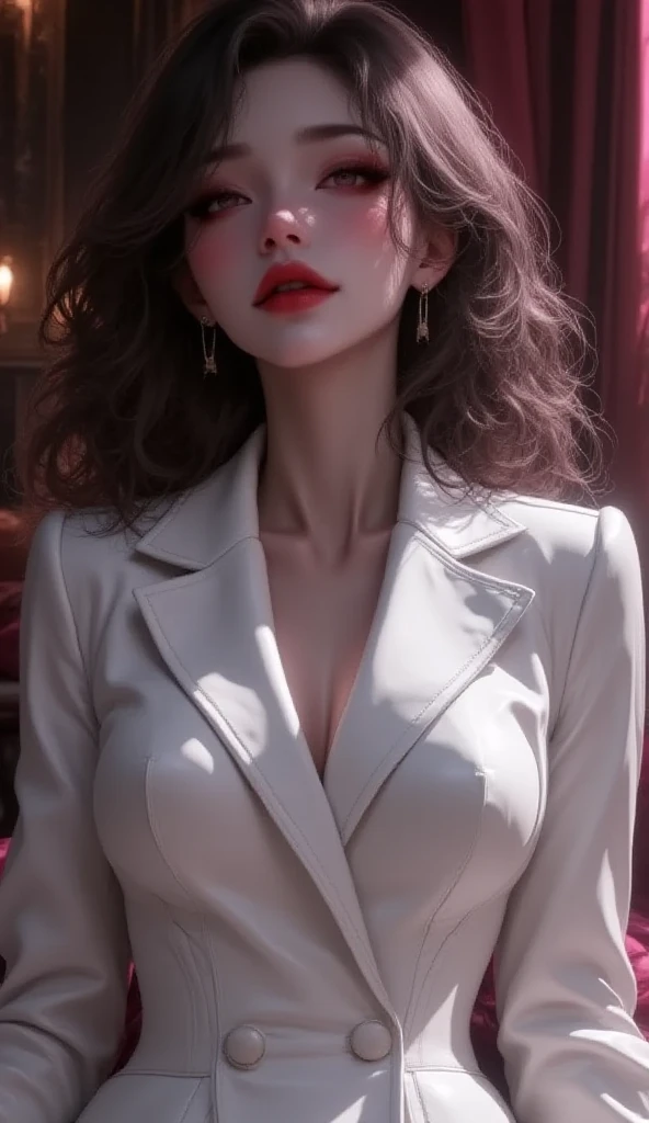 ((top-quality、​masterpiece、photographrealistic:1.4、in 8K))、Beautuful Women１a person、２1 year old, (((Hands in the pocket))) , (beautiful Bobhaircut)、(Photorealism:1.5) , (8K:1.8) , (Realistic Photo), ((1940's upper women fashion:1.4)), ((standing pose)), ((wearing blazer dress skirt)) ,((wearing white diamond necklace:1.4)) , delicate and beautiful face、Eyes and faces with detailed 、(C-Cup ??????:1.5))、((Full Body Shot:1.6)), (at the beautiful city street)、(full body Esbian:1.2)、A smile、Beautiful lighting, Textured skin, ((Round Glasses :1.2)) , Super Detail、high detailing、High quality、hight resolution、（looking at the viewers）、Detailed mouth ,full body Esbian、Opening Mouth, ((lower view :.1.1)), ((Blazer Unbutton :1.5)) , ((transparent white Bra :1.6))