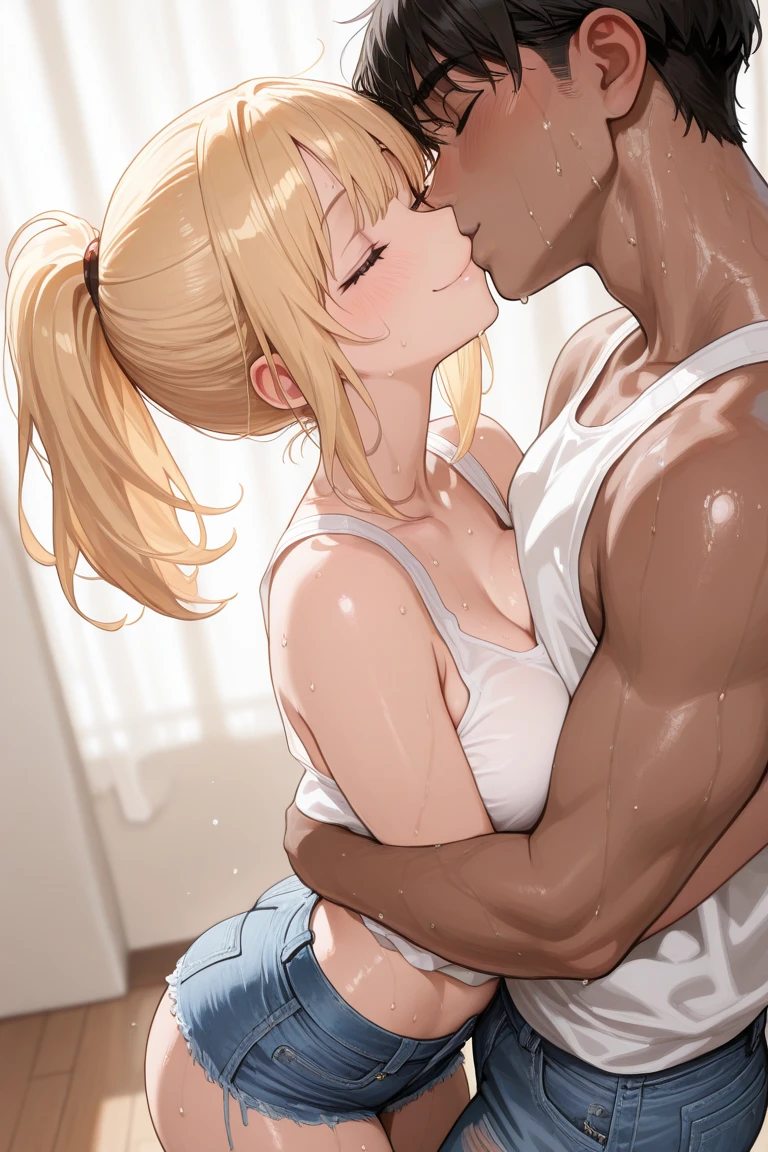 ((masterpiece)), Highest quality, Very detailed,(一peopleの少女),Yuki Asuna、Asuna (Stay), Long Hair,Beautiful background ,Completely , , Bent body,Lie in, Look to the side, Worried face, Drunk look, Hot body、Sweaty、Spread your legs, (手でを揉みながら指でを弄る), (Playing with female  with fingers), (((I'm being cuckolded))),Glance this way, break 中年の小太りで髭の生えた黒people男性が１people、(((黒people男性と性行))), (((upright straddle, Hug, Insert,  with a dark skin man, huge penis、Intense piston movement))), A man looking at viewer, , break (((Trembling Body:1.5))), ((())), (((Squirting ))), (((Intense pleasure))), ((())), (torogao), (), (), (((Tongue-entwined kiss))) (((Drooling))), ((( with her throat arched:1.5))), (((A large amount of  is on the whole body, especially the groin.、Bukkake:1.3))), (((  overflowing from the ))), break 都内高級ホテルの一室, On a bed with white sheets,