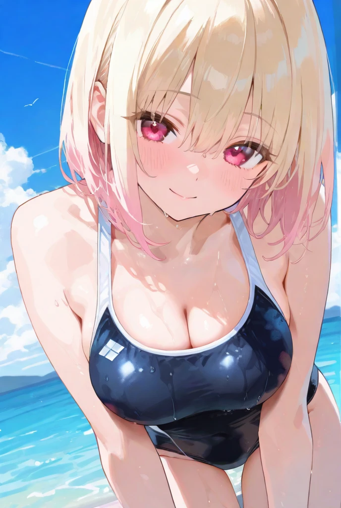 (best quality:1.1), master piece, hair ribbon, cross earrings, blonde hair, (:1.3), (wet skin:1.2), (sweat:1.3), (Hand to mouth), cute pattern , Beach, water, water reflection, palm tree, (blush:1.3), (blush:1.2), Looking at Viewer, licking finger, black makeup, black choker, tattoo