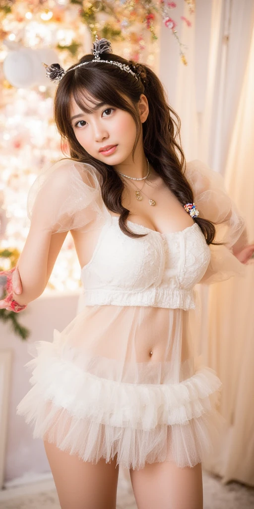 ((Highest image quality, outstanding details, ultra-high resolution, realism: 1.4)), 1beautiful girl, twenties, sitting on a vivid color cozy couch, ?????????, soft light, white latex bunny-girl costume,a bit chubby,