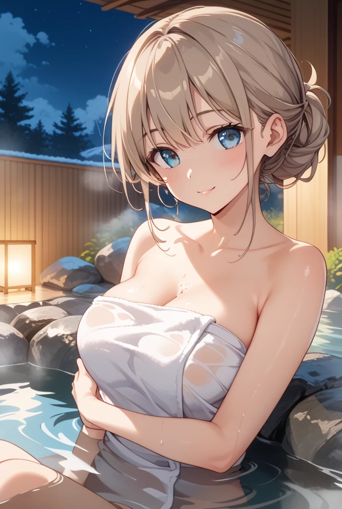 (​masterpiece:2.0), (top-quality:2.0), (leaning forward  in the hot spring:1.5), (extremely short white Tube top towel:1.5), (Super Sexy Pose:1.5), (from below looking up:1.5), (Perfect  shoulders:1.5), (Perfect  nape:1.5), (blushed face:1.5), (hide crotch with hands:1.5), (hiding chest with hands:1.5), (spilling boobs:1.5), (Realistic:1.5), 1 very cute girl, Precise little hands, Embarrassed look to see me, light smile, Innocent face, Young Face, Clear eyes, Shining eyes, very tiny chest, side boob is visible, shoulder is visible, cleavage of the breast is visible, No pubic hair, Dynamic Posing, Beautiful skins, ultra-definition, Top resolution, Japan High School Student, Golden hair