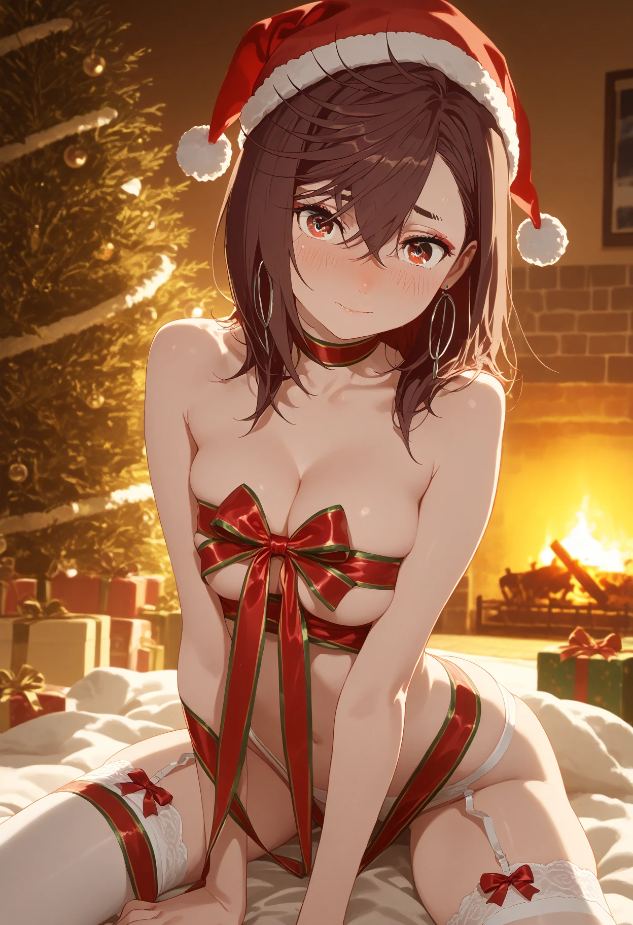 a beautiful young woman ((K-Pop singer Kim Gyu-mi (Sena), age 25), wearing an airy sheer Christmas night gown (shoulders exposed, open and untied down the middle, pubic hair shaved like a little heart) ,  except for night gown, her intimate areas partially exposed and very detailed), she is lying on her back on a bed decorated with Christmas silk sheets and is playing with a fluffy kitten while  with the viewer, Christmas lights have been hung along the edges of the ceiling , Christmas scene (best quality, 4k, 8k, highres, masterpiece:1.2), ultra-detailed, (realistic, photorealistic, photo-realistic:1.37), HDR, UHD, studio lighting, ultra-fine painting, sharp focus, physically-based rendering, extreme detail description, professional, vivid colors, bokeh, portrait, figurative, intimate, sensual, cozy, Christmas, warm lighting, chiaroscuro ( Along the top edge of the picture 'DO YOU TRUST ME' has been printed in Korean, and 'Girl Crush' is written over it in italics with neon pink ink. (show her entire body, show all of her)
