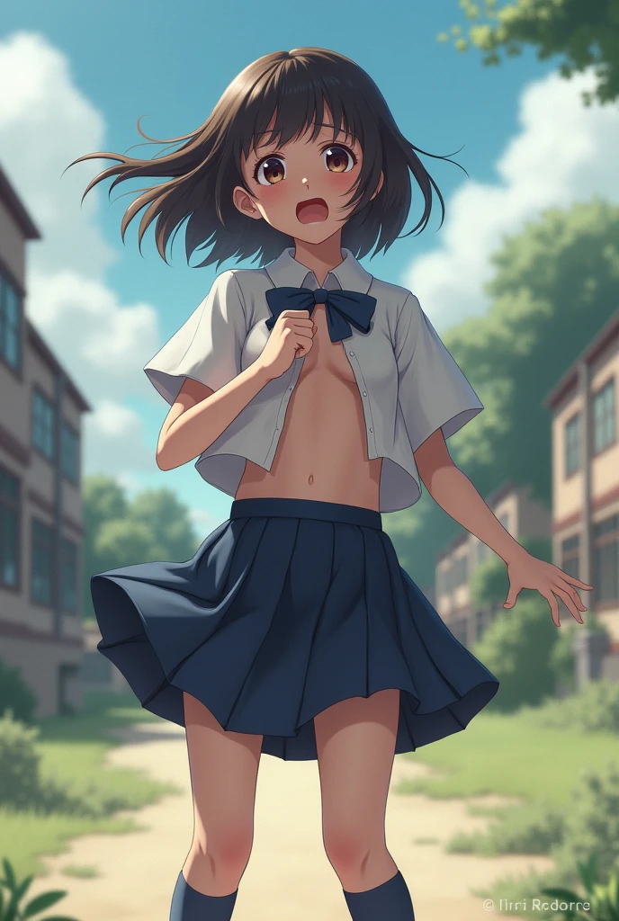 beautiful detailed girl,(masterpiece,best quality,extremely detailed:1.2),((cowboy shot:1.1)),(solo,10 years old,kawaii,slender,small breasts:1.25),(pained look:0.8),((white ) in ((Torn school uniform)):2),(dirty:2),blush,shy,weep,standing,(deep forest:1.5),(hug:0.4),rating: general, newest,Sexy face,(primitive:1.1)