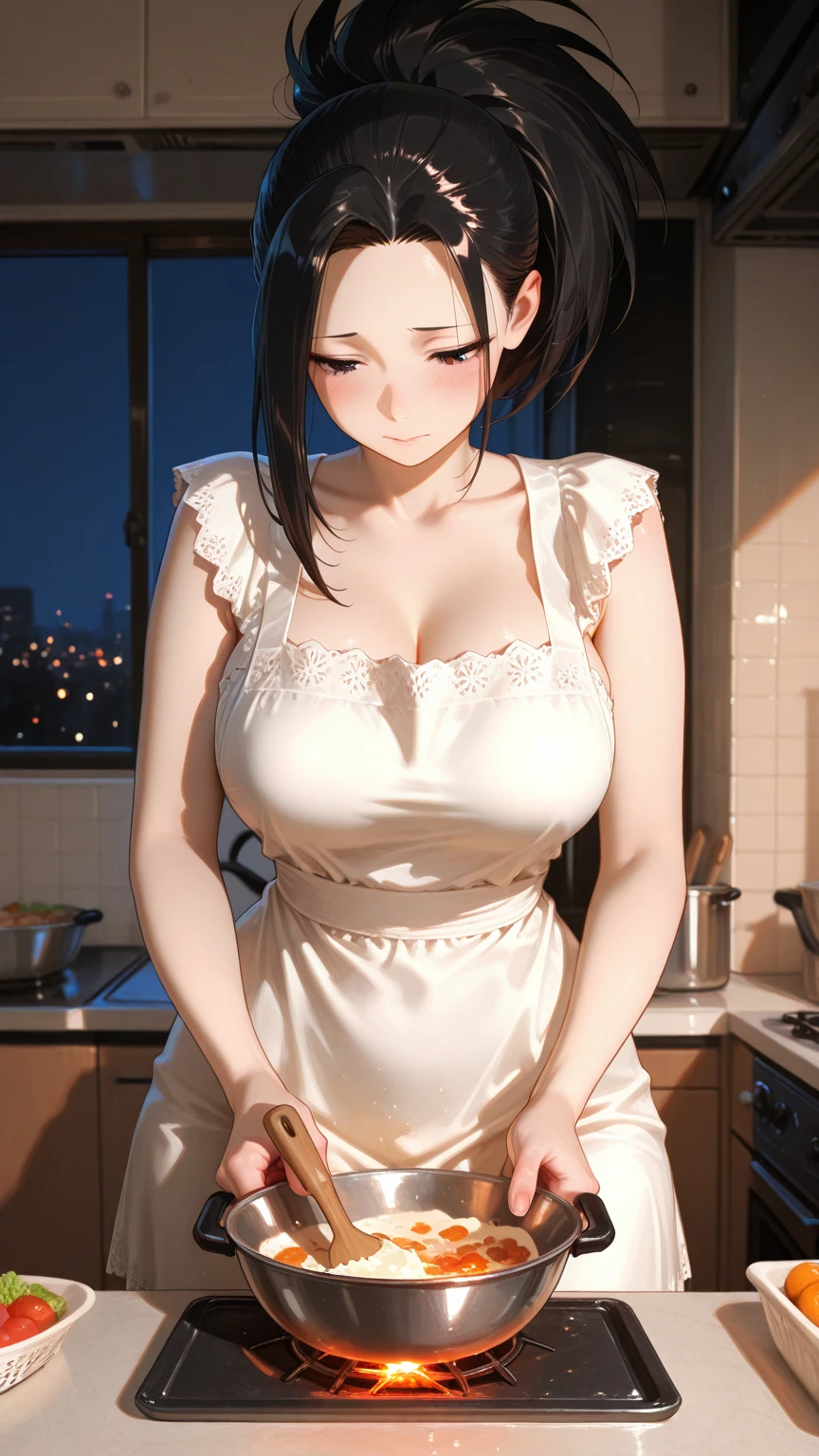 A tall and beautiful mature woman with a confident expression, showing her thighs and shoulders, a plump body, , a ball head, wearing a apron, a human wife, in a kitchen, kneeling on the ground.